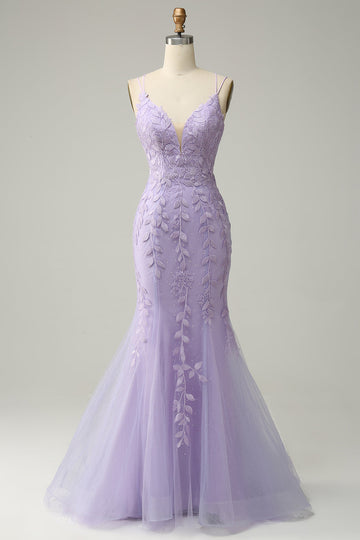 Tirantes de Espagueti Sirena Púrpura Vestido de Fiesta Con Apliques